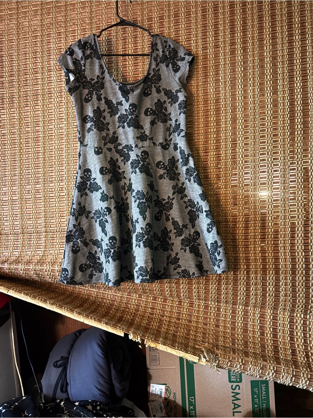 Hot Topic Gray Dress with Black Skull & Rose Print